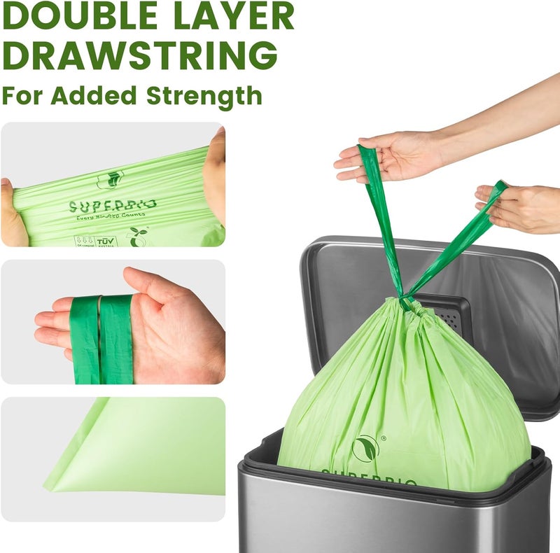 SuperBio 4 Gallon Compostable Drawstring Food Scrap Bags,15.1 Liter, 40 Count, 0.9 Mil,Heavy Duty Waste Bags, BPI, Seedling and OK compost INDUSTRIAL - Image 5